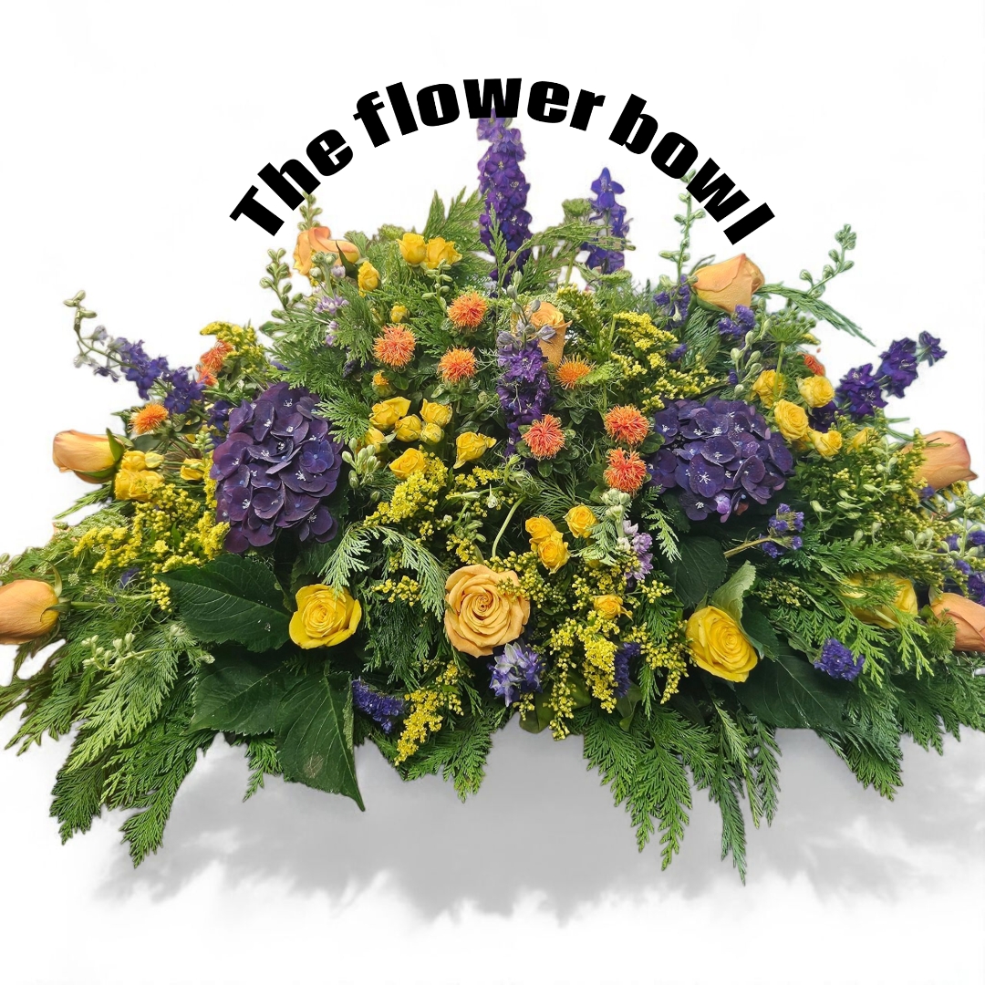 Orange, purple and yellow casket spray